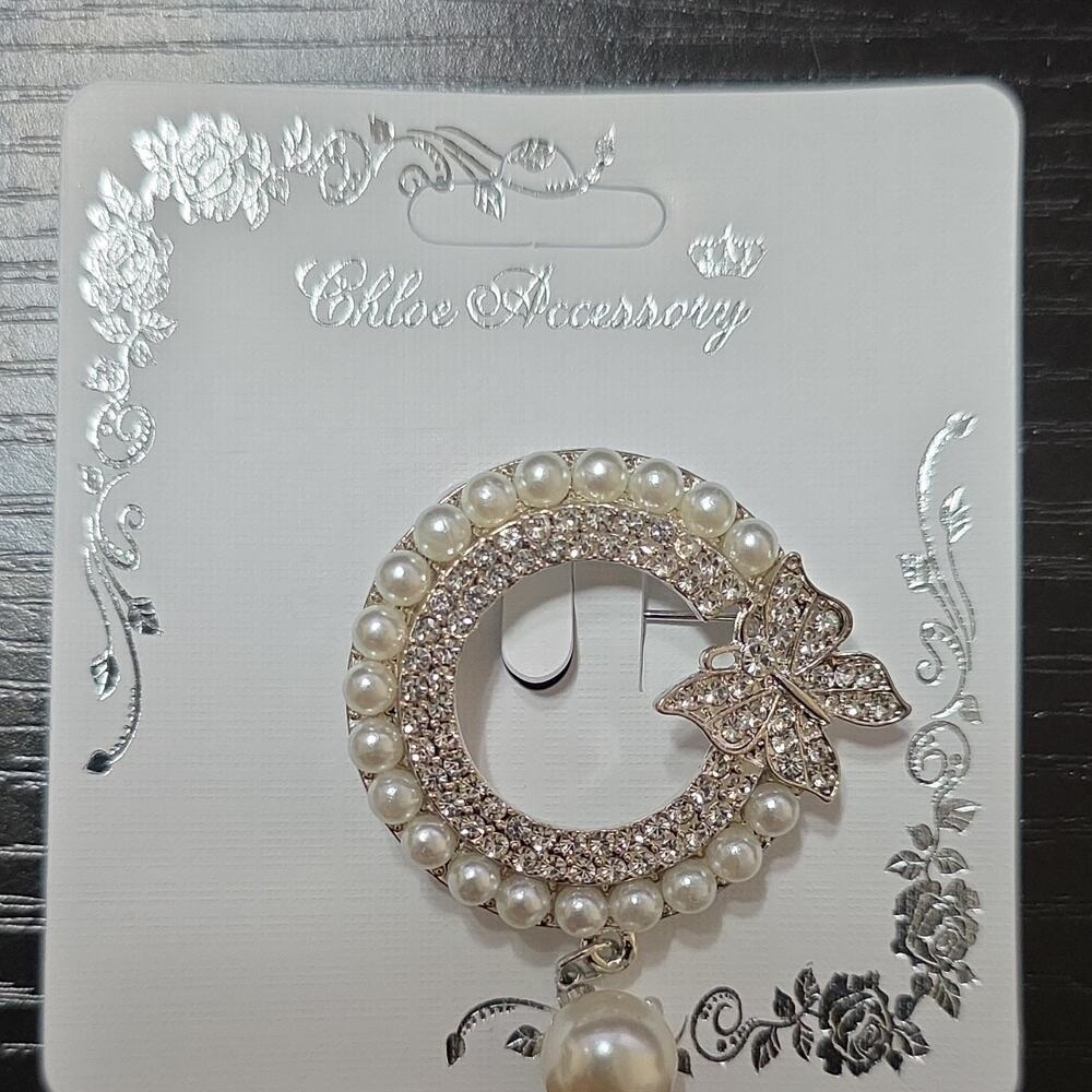 Chloe Accessory Butterfly Brooch Pin Silver Metal Pearl Rhinestone